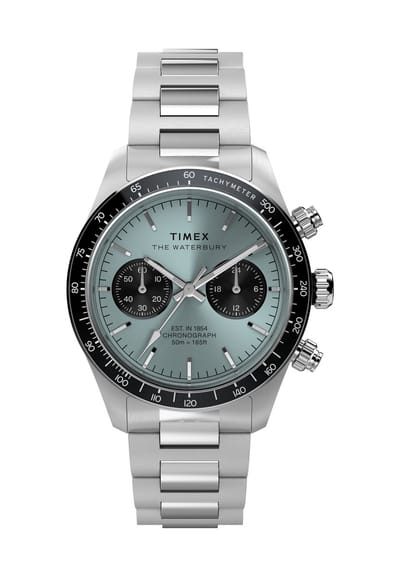 Timex Waterbury Heritage Chronograph Quartz Chronograaf Horloge Zilverkleurig En Blauw Kast Gemaakt Van 100% Roestvrij Staal En Een Armband Van 100% Roestvrij Staal 39 TW2Y70500AJ