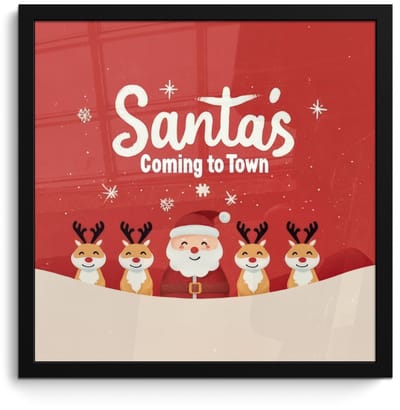 Poster in lijst - Fotolijst 40x40 cm - Posters - Illustratie - Kerstman - Rendieren - Rood - Posterlijst zwart - Decoratie - Wanddecoratie woonkamer - Muurdecoratie slaapkamer - Kerstversiering - Kerstdecoratie voor binnen - Kerstmis
