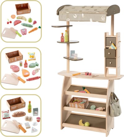 howa Houten Speelgoed Winkeltje Marktlieden "Lucky" met Tas en 32-delige Winkel Accessoires 47479
