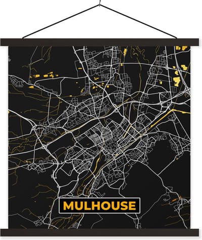 Posterhanger incl. Poster 60x60 cm - Schoolplaat - Stadskaart – Mulhouse - Plattegrond – Kaart – Frankrijk - Textielposter - Zwarte latten - Stadskaart