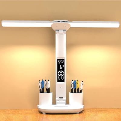LED-bureaulamp - Bureaulamp voor op kantoor - Dimbaar, oplaadbaar, draadloos - Met klok, pennenhouder, lcd-scherm, kalender en temperatuurweergave - 3 lichtkleuren - 3200 mAh batterij - Unisex - Wit
