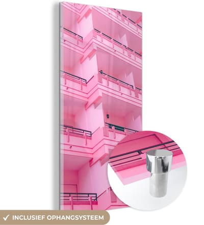 MuchoWow® Glasschilderij 20x40 cm - Schilderij acrylglas - Balkon - Zomer - Roze - Architectuur - Foto op glas - Schilderijen