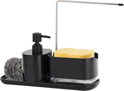 Afwasmiddeldispenser keuken, 3-in-1 zeepdispenser keuken, afwasmiddeldispenser voor keuken, zeepdispenser voor keuken, zeepdispenser voor keukenspoelbak, werkblad, opbergorganizer (zwart)