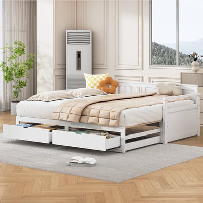 DESMIU Kajuitbed 90x190 cm – Uitschuifbaar Tot 180x190 cm – 2-in-1 Bed Met Logeerfunctie – Met Lades Voor Opbergruimte – Voor Kinderkamer En Gästenkamer – Massief Hout – Wit – Zonder Matras