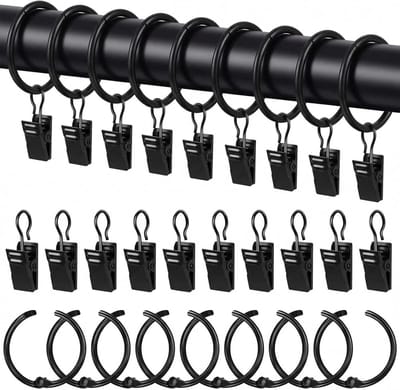 25 Ringen voor Gordijnen met Clips, Roestvrijstalen Haakjes, Geschikt voor Raam- en Douchegordijnen, Binnenmaat 32mm, Zwart, Eenvoudig te Openen en Sluiten