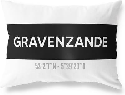 Tuinkussen GRAVENZANDE - ZUID-HOLLAND met coördinaten - Buitenkussen - Bootkussen - Weerbestendig - Jouw Plaats - Studio216 - Modern - Zwart-Wit - 50x30cm