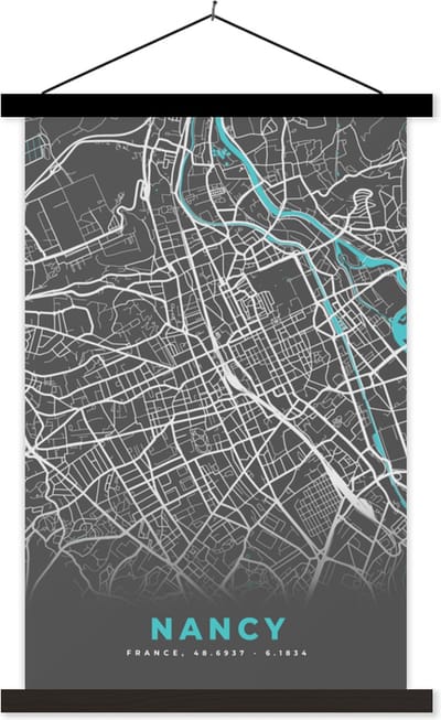 Posterhanger incl. Poster 40x60 cm - Schoolplaat - Nancy - Frankrijk - Plattegrond - Kaart - Stadskaart - Textielposter - Zwarte latten - Stadskaart