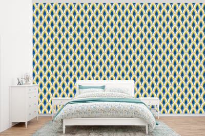 Behang - Fotobehang Design - Patroon - Retro - Geel - Blauw - Breedte 345 cm x hoogte 220 cm