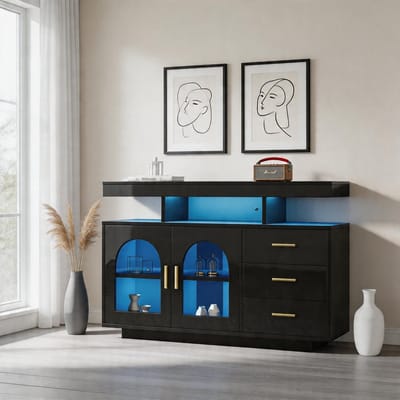 KOMHTOM - LED-dressoir grote koffiebar - ladekast dressoir voor de woonkamer - hoogglans keukenkast met 16-kleurenverlichting voor de eetkamer - zwart - 120 cm