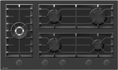Wiggo WH-G935GR(B) - Inbouw Gaskookplaat - Glas op gas - Wok brander - 90cm - 5 Kookzones - Gietijzeren pannendragers - 5 jaar garantie - Zwart Glas