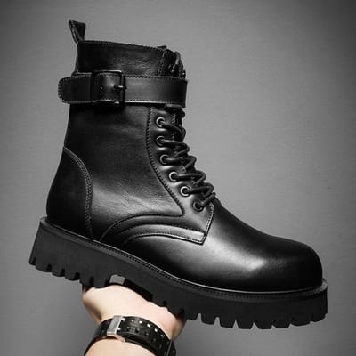 Ontwerp Mannen Laarzen Echt Leer Winter Herfst Schoenen Ronde Neus Vetersluiting Kort Motorfiets Mannen Enkellaarzen Dikke Zool 38 zwart