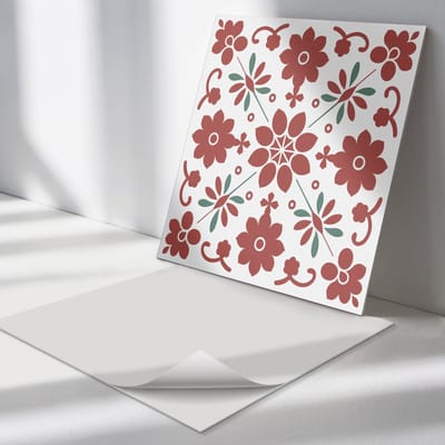 Wallfluent Vinyl Tegels - Bloemenpatroon met Bladeren Zelfklevende Vinyltegels - 30 cm x 30 cm - Rood Vinyl Tegels - Set van 9 - Vierkant PVC Tegels - Bloemen en Planten Plaktegels - Vloer Tegels PVC - Plaktegels Keuken en Badkamer