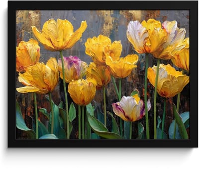 Poster in lijst - Fotolijst 40x30 cm - Posters - Tulpen - Geel - Penseelstreken - Abstract - Posterlijst zwart - Decoratie - Wanddecoratie woonkamer - Muurdecoratie slaapkamer