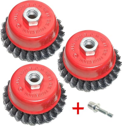 3X Kom Staalborstel Getordeerd Komborstel 100mm + M14 bit adapter geschikt voor haakse slijper & boormachine