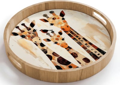Dienblad rond 40x40 cm - Schootdienblad hout - Giraffen - Cartoon - Crème - Borrelplank rechthoek - Plateau houten dienbladen