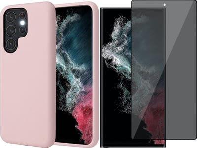Hoesje geschikt voor Samsung Galaxy S22 Ultra - Matte Back Cover Microvezel Siliconen Case Hoes Roze - Tempered Glass Privacy Screenprotector