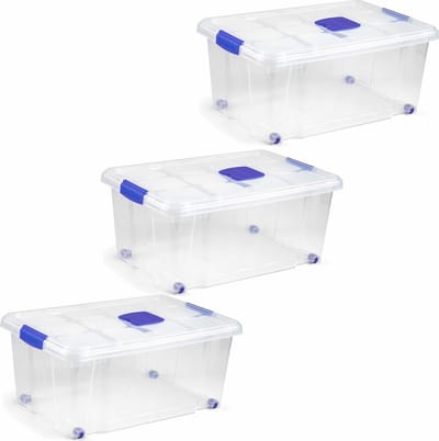 PlasticForte Opslagbak - 3x stuks - met deksel - 36L - 59 x 40 x 25 cm - transparant - opbergbak