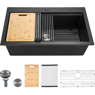 VEVOR Granieten Keuken Spoelbak (84 x 56 x 25 cm) voor Opbouwmontage, Inbouw Spoelbak in Landelijke Stijl met Accessoires, Huishoudelijke Spoelbak voor Campers, Voorbereidingskeukens, Bars, Zwart