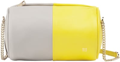 DuDu Cilindrische Schoudertas - Dames - Hoogwaardig Leer - Geel & Grijs - Met Elegante Kettingriem