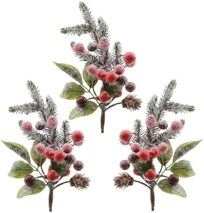 Kerststukje instekertjes - 3x - bessen/sneeuw - groen/rood - 20 cm