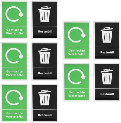 Dailygoods- Recyclingbakken stickers 10 stuks - Zelfklevend - Waterdicht - Algemene afvalstickers - Gemengde recycling - 150 x 100 mm