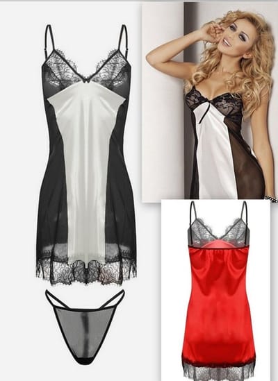 Verleidelijke satijnen chemise met string - kort sexy nachthemd met kant - slipdress met transparante tule - DKaren Delia- licht ecru/ zwart L