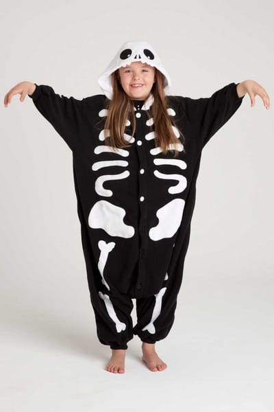 KIMU® Onesie Skelet Pak - Maat 140-146-152 - Skeletpak Kostuum Zwart Wit Botten - Halloween Huispak Jumpsuit Pyjama Jongen Meisje Overall Fleece Festival