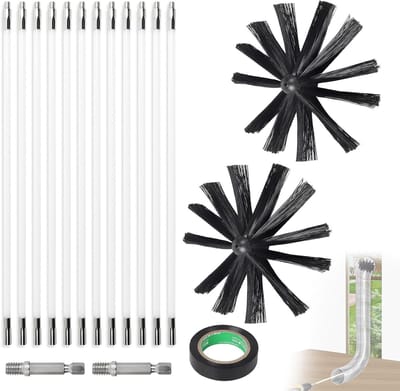 Chimney brush set met 12 flexibele stangen van 410 mm, Ø 200 mm nylon borstel voor schoorsteen, houtkachel en open haard, geschikt voor accuschroefmachine