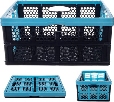 KADAX Klapbox van kunststof met handgrepen, 47 x 34 x 21,5 cm, prullenbak voor werkkamer (zwart/blauw)