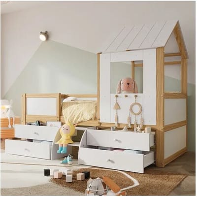 ModernLuxe Cabinebed 90x200 cm met veiligheidsbarrière - met 4 laden en trap - in grenenhout en MDF - Wit & Naturel