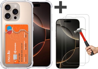 Hoesje Geschikt voor iPhone 16 Pro Max Hoesje met Pashouder Siliconen Shockproof Case - Arara Backcover met 2 stuks screenprotectors - Transparant