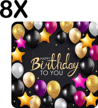 Luxe Placemat - Verjaardag - Balonnen - Happy Birthday - Set van 8 Placemats - 50x50 cm - 2 mm dik Vinyl - Anti Slip - Afneembaar