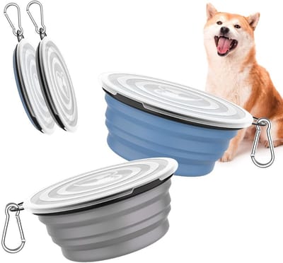 Opvouwbare hondenbakken 1000 ml - Draagbare siliconen drink- en voerbakken met deksel en karabijnhaak voor honden en katten, ideaal voor onderweg en wandelingen, blauw + grijs