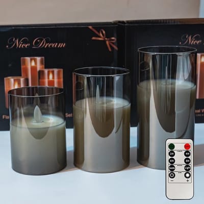 Oplaadbare LED-kaarsen met afstandsbediening, vlamloze zuilvormige elektrische kaarsen, grijze acrylkaarsen, 3-pack met diameters van 8 x 10/12,5/15 cm.