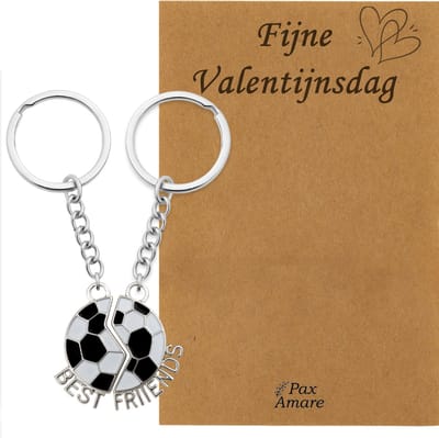 Koppel Sleutelhanger voor 2 'Fijne Valentijnsdag' - Magnetische Voetbal - Sleutelhanger set op Cadeau Kaartje - Zilverkleurig - Vriendschap of Relatie Symbool - Pax Amare