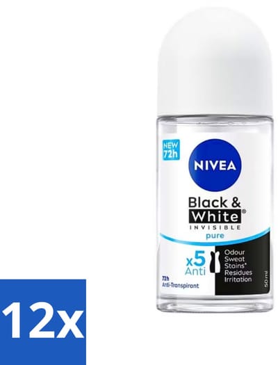 12 x Nivea - Deodorant - Roller - Black & White Invisible Pure - 50 ml - Anti-transpirant - Zweetbehandeling - Deodorant - 48 Uur Bescherming - Witte Strepen