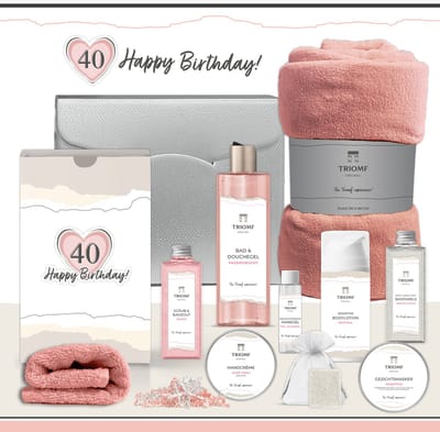 Geschenkset “40 Jaar, Happy Birthday!” - 10 producten - 900 gram | Luxe Cadeaubox voor haar - Wellness Pakket Vrouw - Giftset deluxe - Cadeaupakket Veertig jaar - Verjaardag - Gefeliciteerd Cadeau - Sweet Forty Party - Gift Set - Fleece deken - Roze