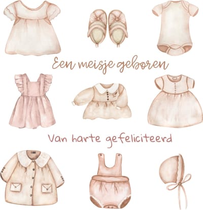 Wenskaart gefeliciteerd geboorte meisje meisjeskleding – 13x13 cm – gevouwen kaart – inclusief witte envelop – stevig papier – geboortekaart meisje