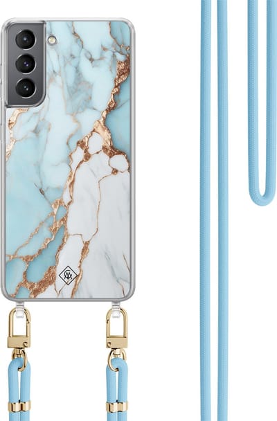 Casimoda® hoesje met koord - Geschikt voor Samsung S21 - Marmer Lichtblauw - Afneembaar koord - TPU/polycarbonaat - Blauw