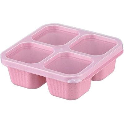 1 Stuks Vierkante Divider Bento Box Herbruikbaar 4-vaks Voedselcontainer Snacks Noten Met Deksel Tarwestro Lunchbox Keukenbenodigdheden pink