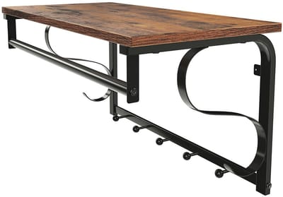 Wandgarderobe Haakplank Opbergrek Wandplank Met 5 haken en kledingstang Geschikt voor gang, badkamer, woonkamer en keuken 60 x 30 x 31,7 cm Bruin + zwart