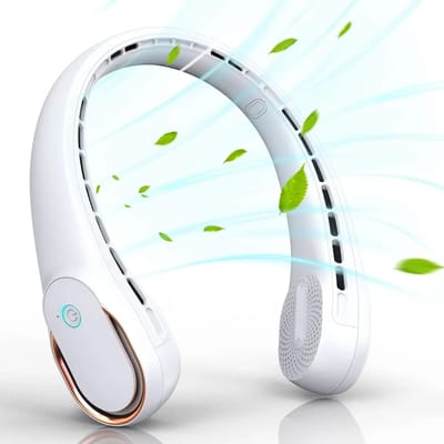 Ventilateur de cou portable sans lame 5200 mAh, refroidisseur d'air rechargeable à 3 vitesses, mini ventilateurs de sport d'été. Ventilateur portable cool blanc