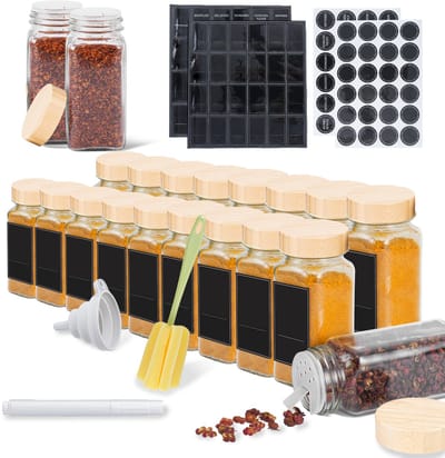 Froadp Set van 24 Vierkante Kruidenpotjes (120ml) - Glazen Gewürzdosen met Houten Deksel, Etiketten, Marker, Trichter en Borstel