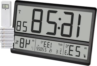 TFA Dostmann Digital XL Wall Clock, 60.4523.01, with Outdoor Temperature and Indoor Climate, Radio Clock, 24 Hour Display, Full Date, Black with Batteries