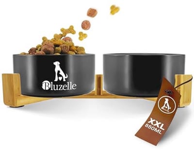 Keramische Hondenvoerbak 2-in-1 XXL met Houten Standaard, Verhoogde Dubbele Antislip Voerbak voor Honden en Katten, Vaatwasser- en Magnetronbestendig, Kleur: Zwart