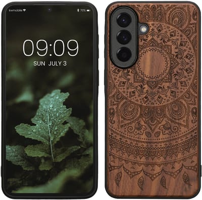 kwmobile telefoonhoesje geschikt voorSamsung Galaxy A57 5G - Hoesje met bumper - hout - In donkerbruin Indian Sun design