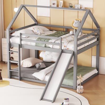 DESMIU Huis Stapelbed 140x200cm - Stapelbed Met Glijbaan En Trap - Ruime Slaap- En Speelplek Voor Kinderkamer - Grenenhout En MDF - Grijs - Zonder matras