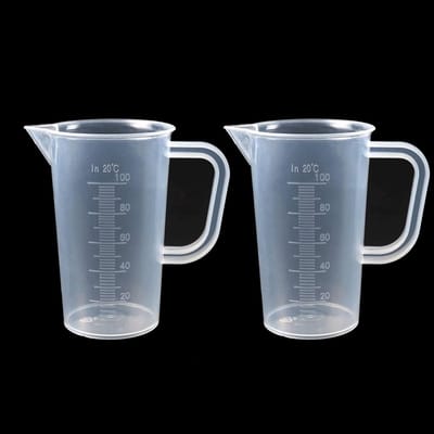 Maatbekers, 2 stuks, 100 ml, plastic doseerbekers met schaal, hittebestendig voor laboratorium, keuken, cocktail, olie, water, melk