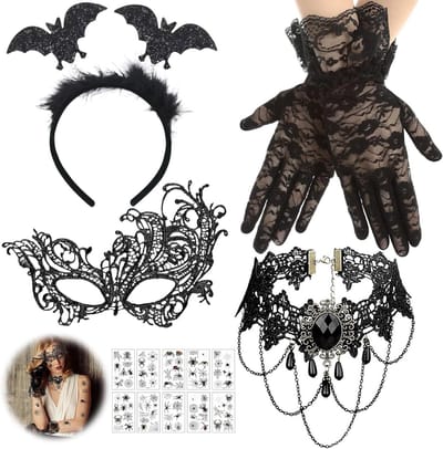 Halloween Steampunk Accessoires voor Dames, Set van 5, Goth Zwarte Kanten Handschoenen, Ketting, Oogmasker, Tattoo Stickers en Kostuumaccessoires voor Carnaval en Feestjes
