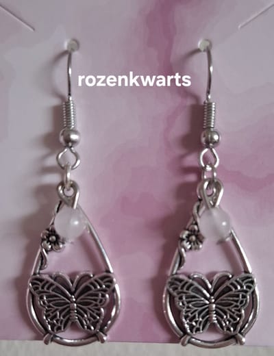 "Rozenkwarts" Waterdruppel / Vlinder Oorbellen